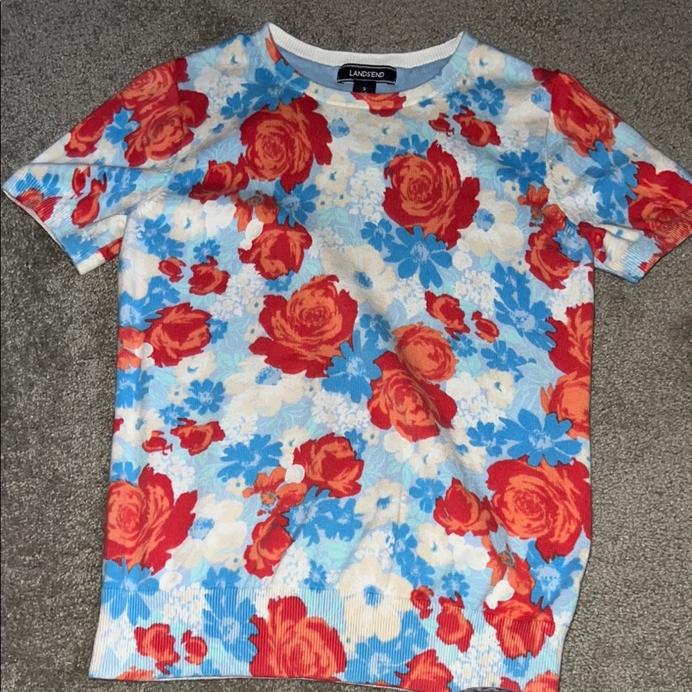 Lands' End Floral Knit Top - Red and Blue
